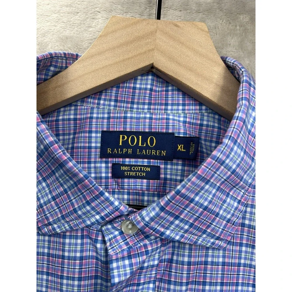 Polo‎ Ralph Lauren Button Down Shirt Men XL Pink Blue Plaid Fit Cotton Stretch